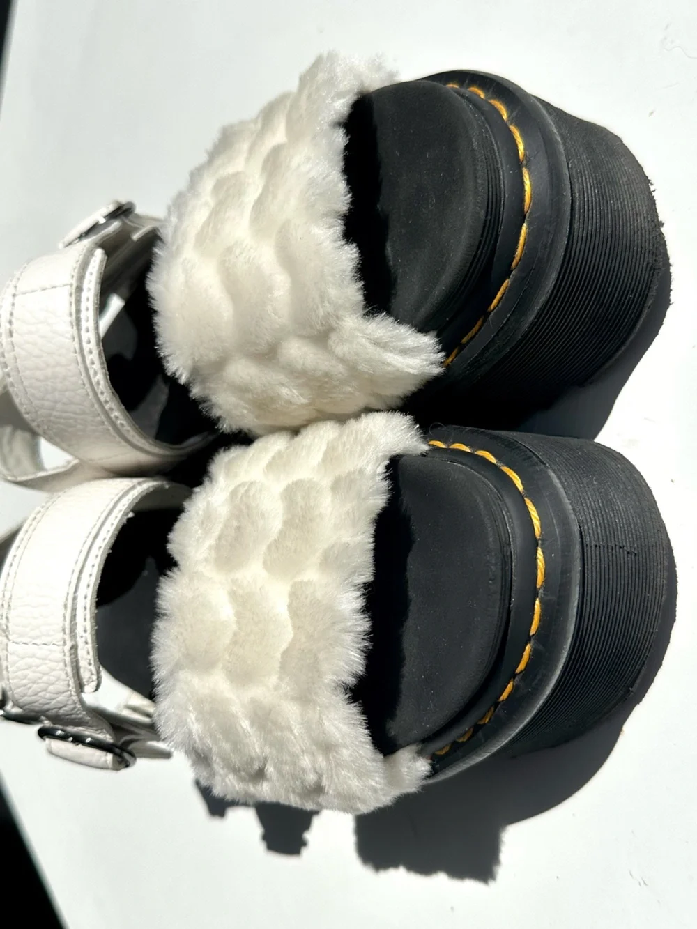 Dr. Martens Voss White Faux-Fur & Leather Platform Sandals Black Sole, UK 4 US 6